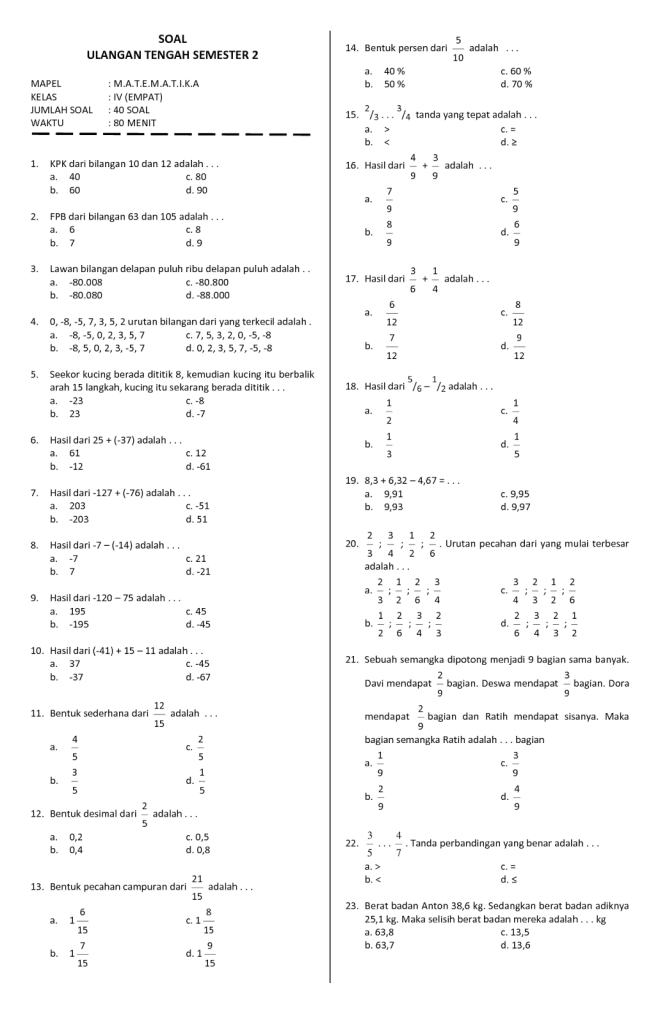 10 Rahasia Nilai Sempurna Pakai Bank Soal Matematika Kelas 4 SD Semester 1 PDF Terbaru