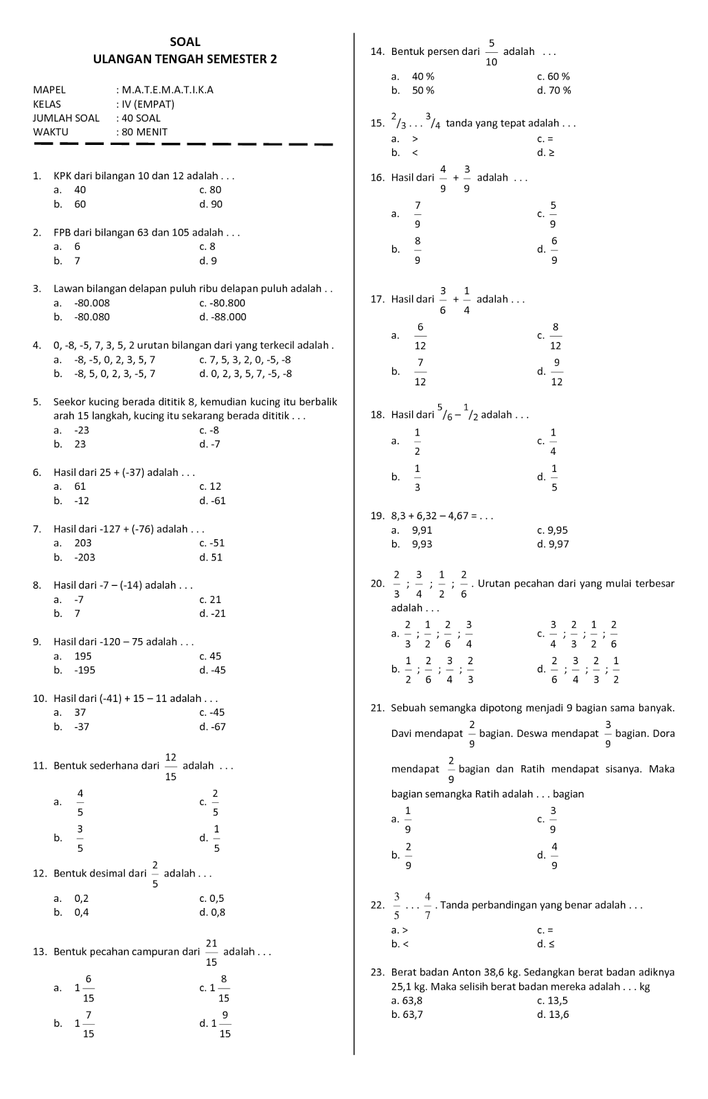 10 Rahasia Nilai Sempurna Pakai Bank Soal Matematika Kelas 4 SD Semester 1 PDF Terbaru