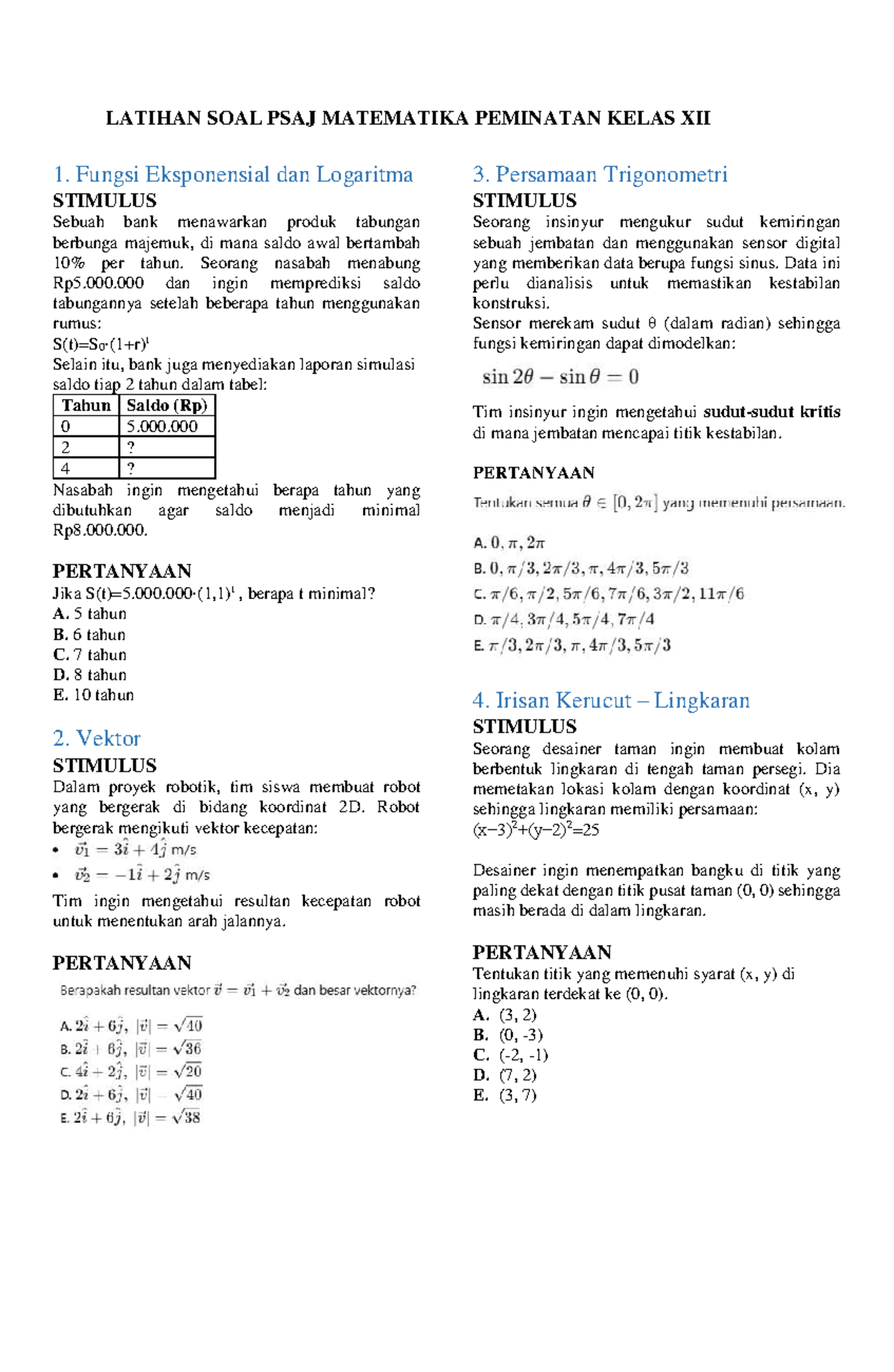 Latihan Soal PSAJ Matematika Peminatan Kelas XII Fungsi Vektor Latihan Soal PSAJ Matematika Peminatan Kelas XII Fungsi Vektor