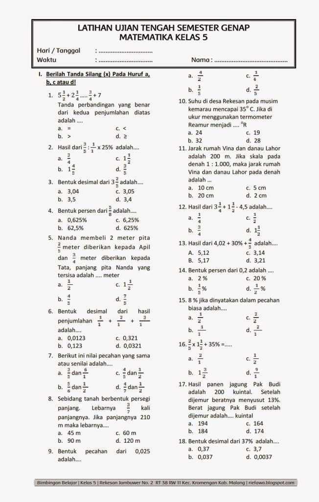 Rahasia Bank Soal Matematika Kelas 5 Semester 1 dan Kunci Jawaban SDN Candi I