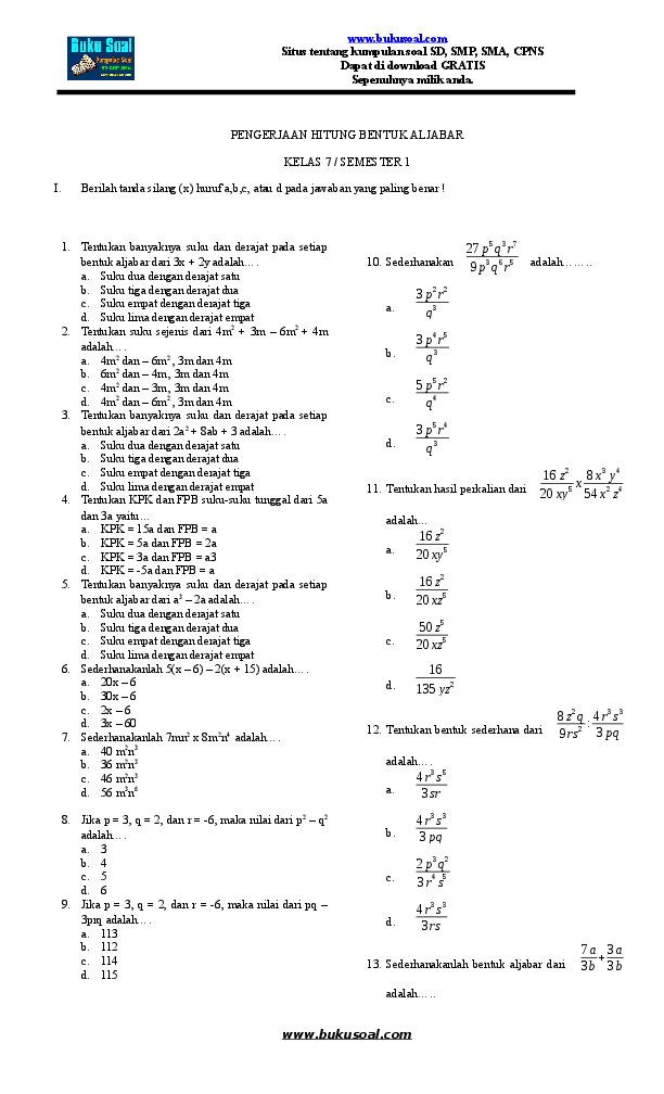 Ternyata Bank Soal Matematika Kelas 7 Semester 1 Beserta Kunci Jawabannya Paling Dicari