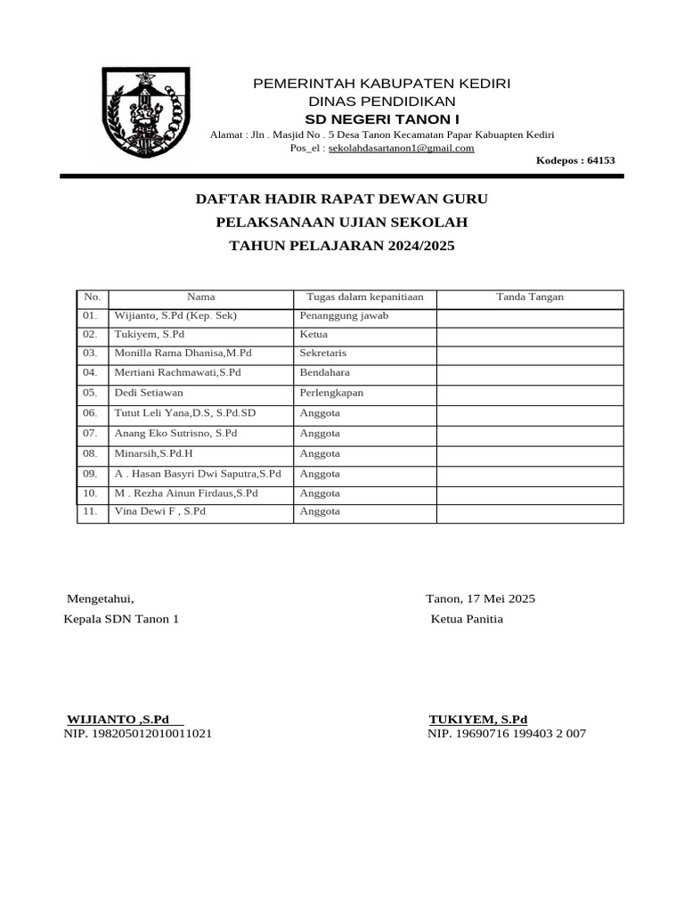 Daftar Hadir Rapat Ujian Sekolah SDN Tanon 1 PDF Daftar Hadir Rapat Ujian Sekolah SDN Tanon 1 PDF