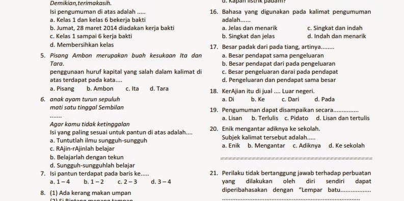 Sebelum Ujian Hafalkan 5 Contoh Soal Bahasa Indonesia Kelas 4 Tema 1 Kurikulum 2013