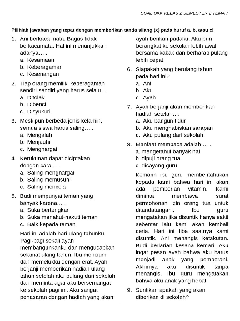 Soal UKK Kelas 2 Tema 7 Semester 2 PDF Soal UKK Kelas 2 Tema 7 Semester 2 PDF