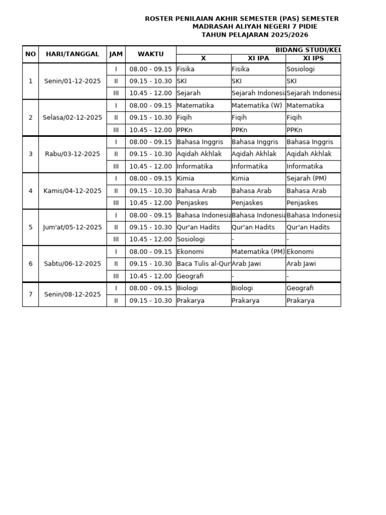 Roster Ujian PDF Roster Ujian PDF