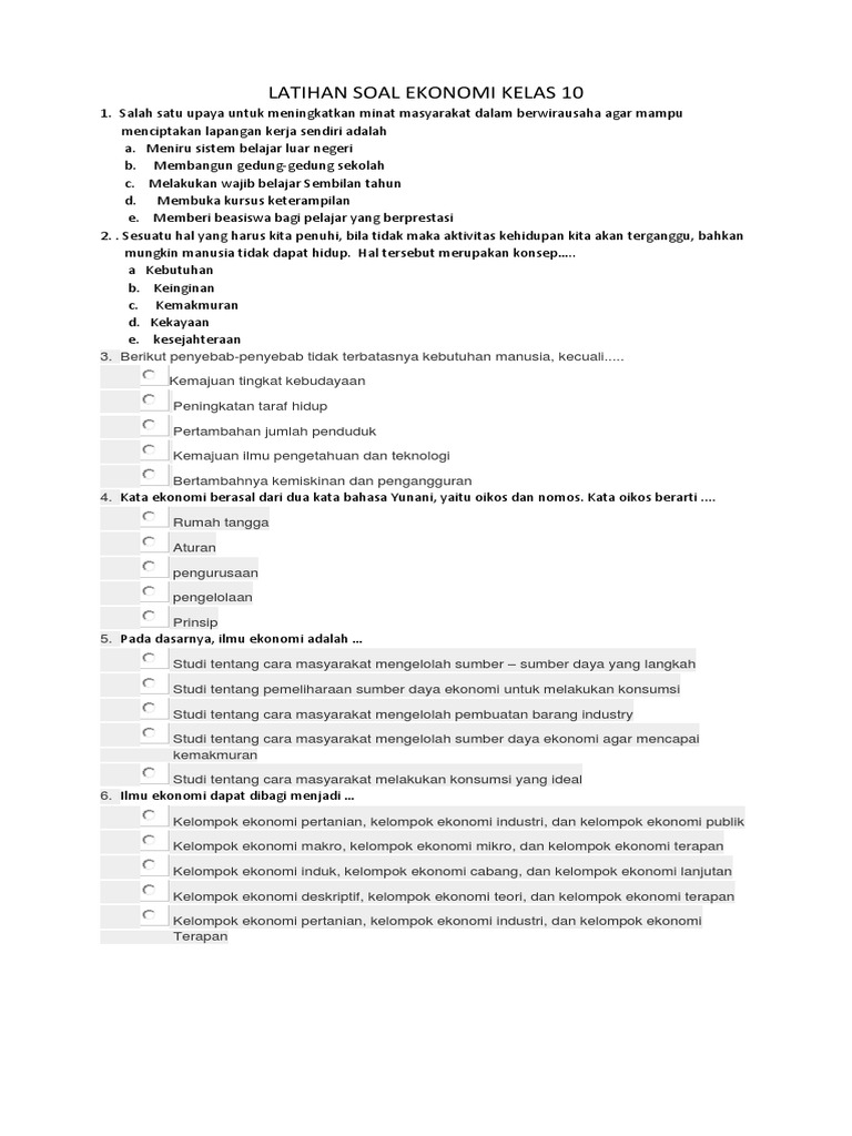 Latihan Soal Ekonomi Kelas 10 PDF Latihan Soal Ekonomi Kelas 10 PDF
