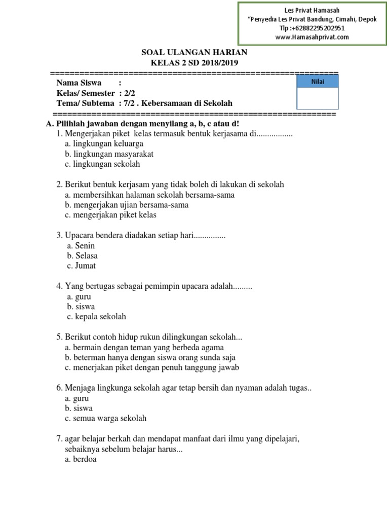 Soal Ulangan Tema 7 Kelas 2 SD PDF Karier Perkembangan