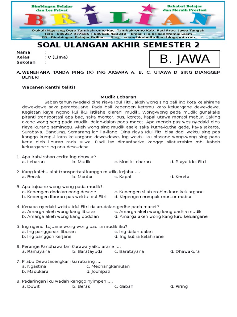 7 Contoh Soal Kelas 5 Semester 2 Bahasa Jawa yang Wajib Dikuasai Sebelum Ujian Akhir Tahun