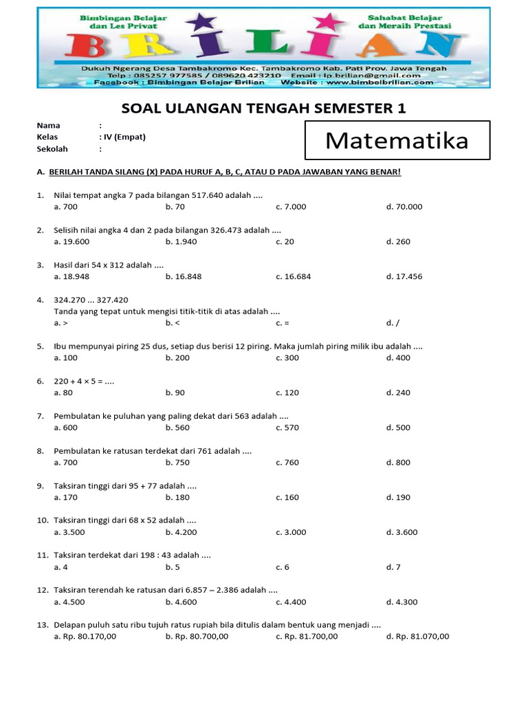 7 Rahasia Terbukti Kumpulan Soal UTS Kelas 4 Semester 1 dan Kunci Jawaban Nilai Hebat