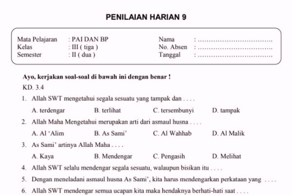 Soal Ulangan Harian PAI Kelas 3 Semester 2 K-13 - Latihan Sukses UN Soal Ulangan Harian PAI Kelas 3 Semester 2 K-13 - Latihan Sukses UN