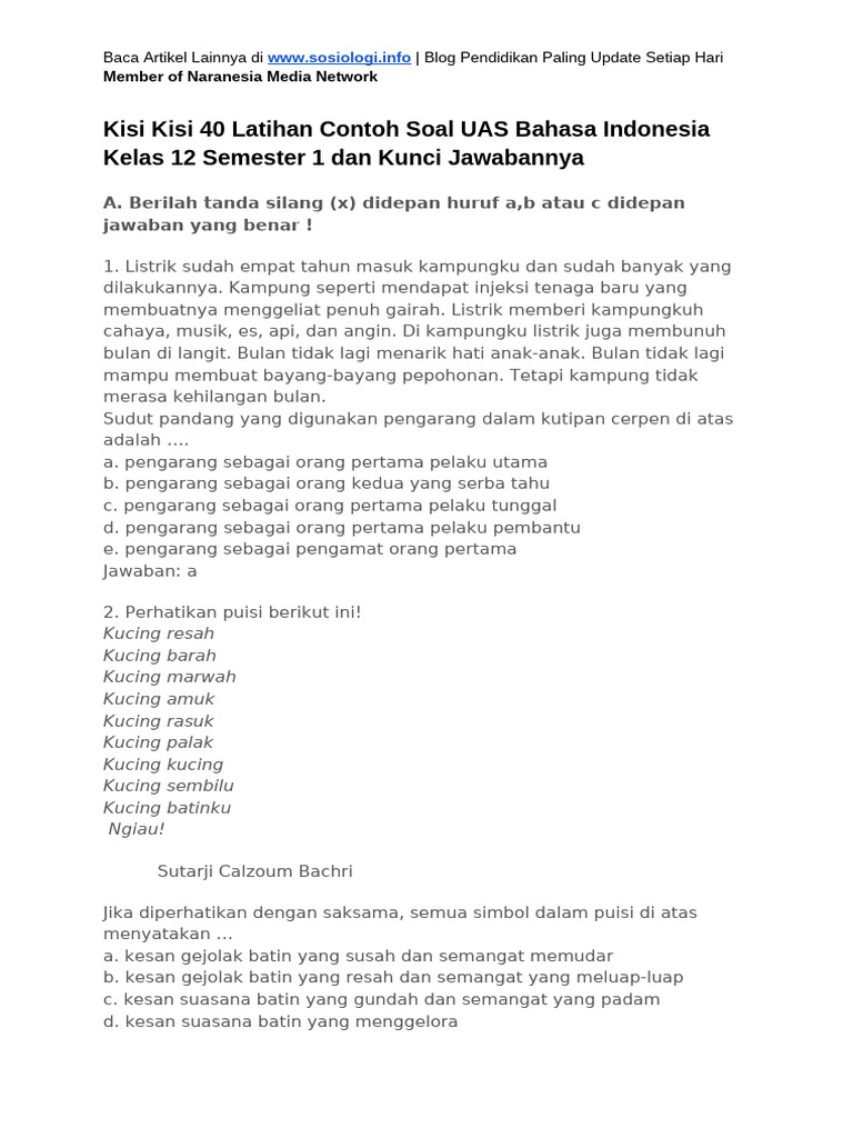 Contoh Soal Bahasa Indonesia Kelas 12 Semester 1 dan Jawabannya: 5 Kunci Sukses Menghadapi Ujian