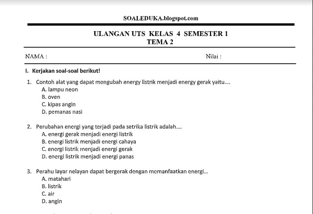 Download Soal UTS 1 kelas 4 Tema 2 Tahun 2019 Download Soal UTS 1 kelas 4 Tema 2 Tahun 2019