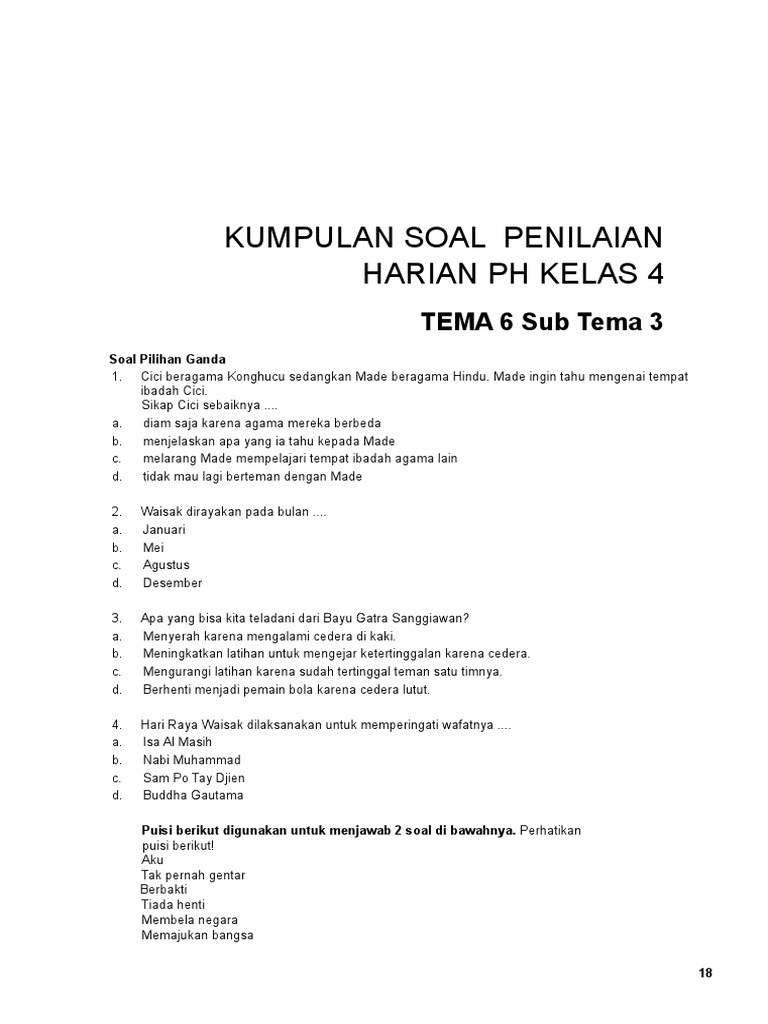 Kumpulan Soal Penilaian Harian PH Kelas 4 TEMA 6 Sub Tema 3 PDF Kumpulan Soal Penilaian Harian PH Kelas 4 TEMA 6 Sub Tema 3 PDF