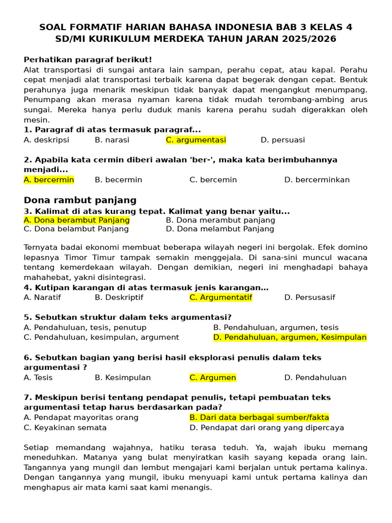 Soal Ulangan Harian Bahasa Indonesia Kelas 4 PDF Soal Ulangan Harian Bahasa Indonesia Kelas 4 PDF