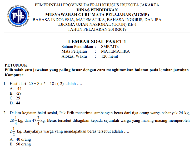 Terbukti 7 Tips Menguasai contoh soal matematika kelas 1 smp tahun 2019 Sebelum Ujian
