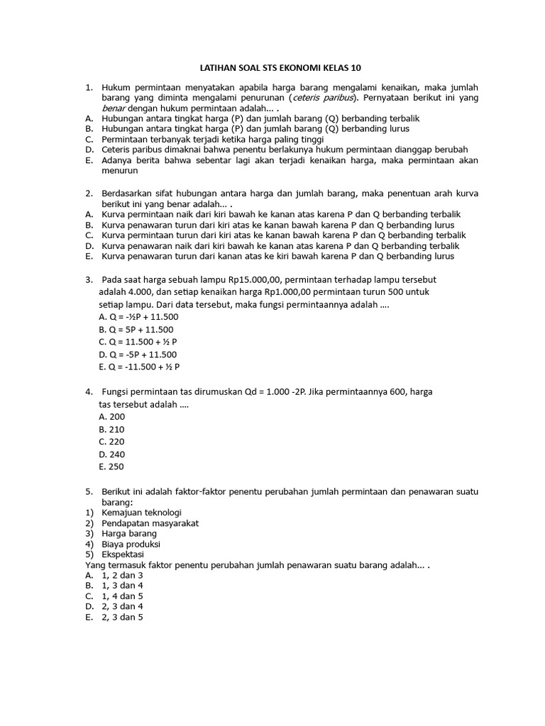 Latihan Soal Ekonomi Kelas 10 PDF Latihan Soal Ekonomi Kelas 10 PDF