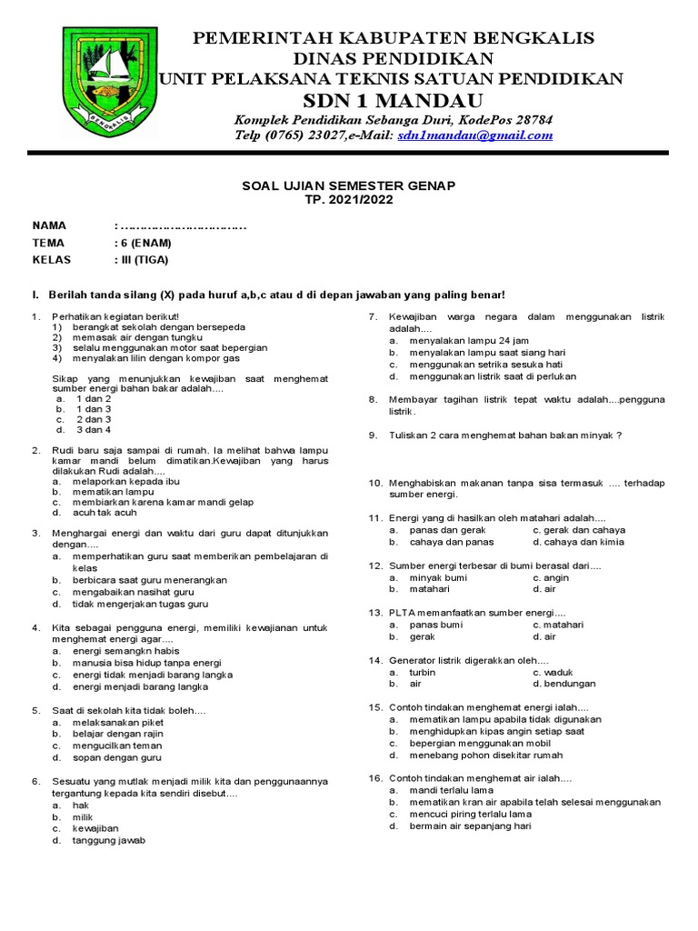 Soal Ujian Semester Genap Kelas 3 PDF Soal Ujian Semester Genap Kelas 3 PDF