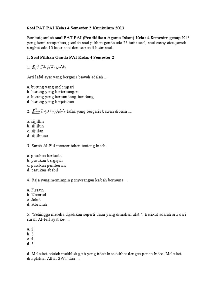Soal PAT PAI Kelas 4 Semester 2 K13 PDF Soal PAT PAI Kelas 4 Semester 2 K13 PDF