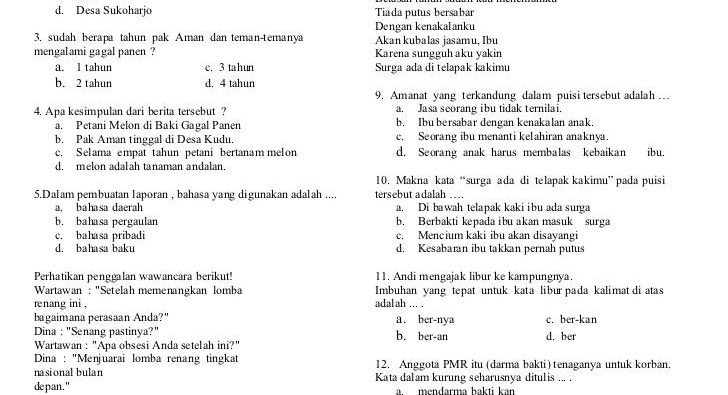 contoh soal bahasa indonesia kelas 6 semester 1 ktsp