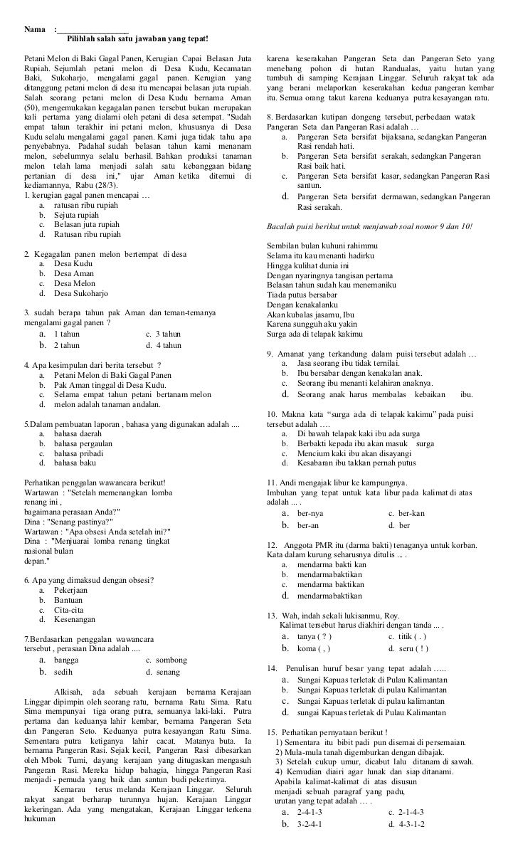 contoh soal bahasa indonesia kelas 6 semester 1 ktsp