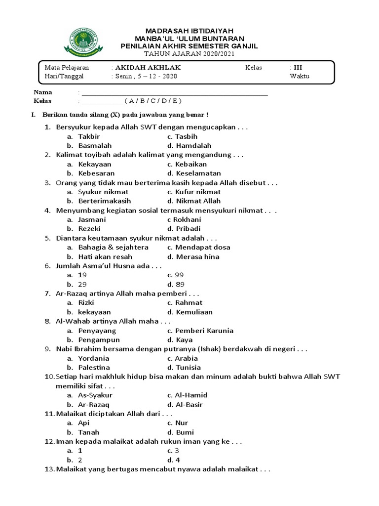Rahasia Skor Sempurna Soal Aqidah Akhlak Kelas 1 Semester 1 dan Kunci Jawaban Terbaru Rahasia Skor Sempurna Soal Aqidah Akhlak Kelas 1 Semester 1 dan Kunci Jawaban Terbaru