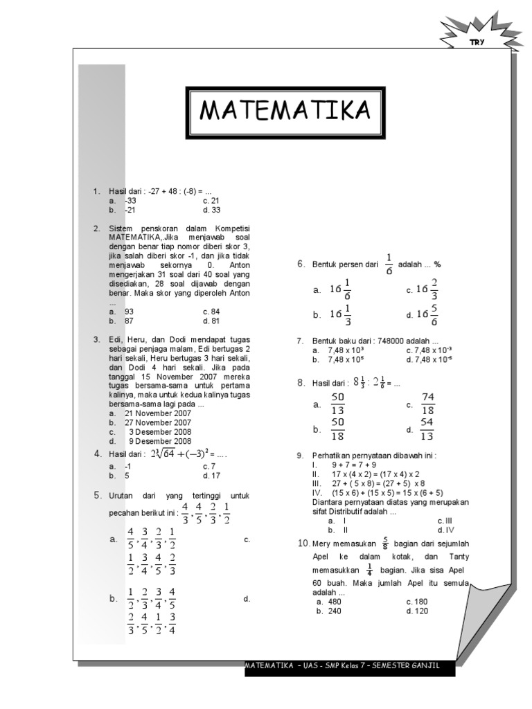 Rahasia Skor Tinggi: Contoh Soal Matematika SMP Kelas 7 Semester 1 dan Pembahasannya