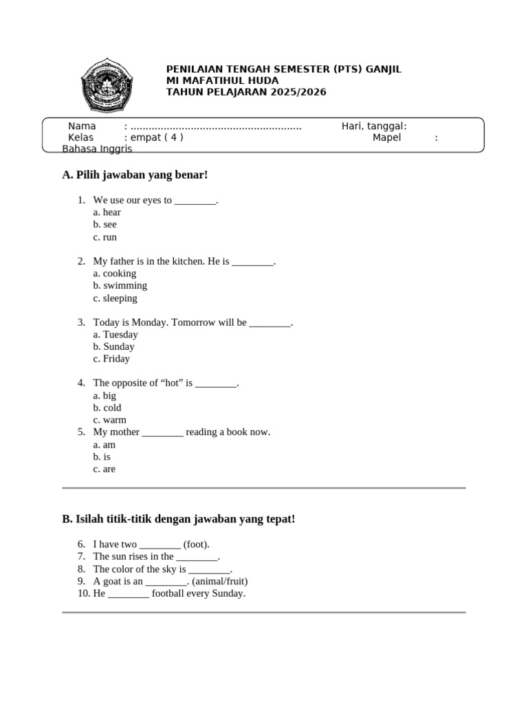 Wajib Tahu Bocoran Contoh Soal UTS Bahasa Inggris Kelas 4 SD Semester 1 Terbaru Wajib Tahu Bocoran Contoh Soal UTS Bahasa Inggris Kelas 4 SD Semester 1 Terbaru