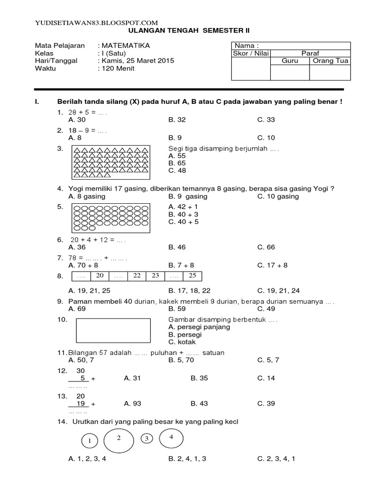 Wajib Tahu Bocoran Soal UTS Matematika Semester 2 Kelas 1 Agar Anak Dapat Nilai Sempurna