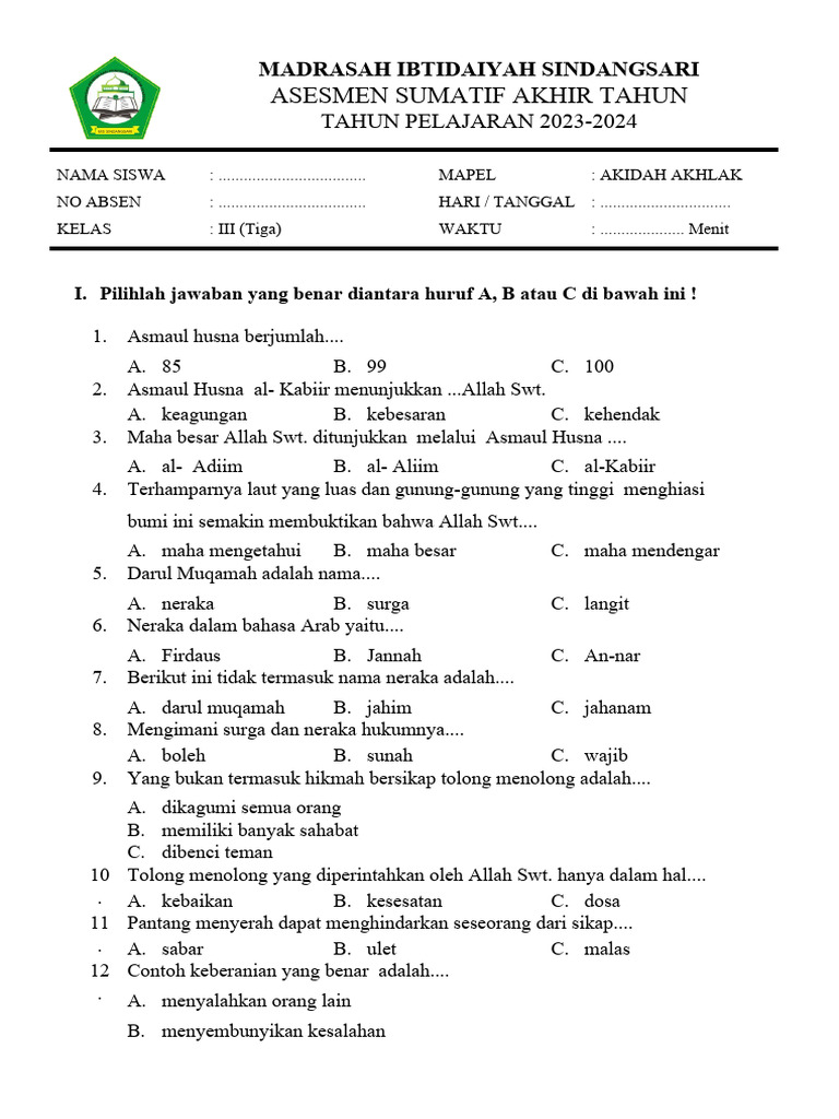 Wajib Tahu! Bocoran soal ujian aqidah akhlak kelas 3 mi semester 1 Terbaru 2026