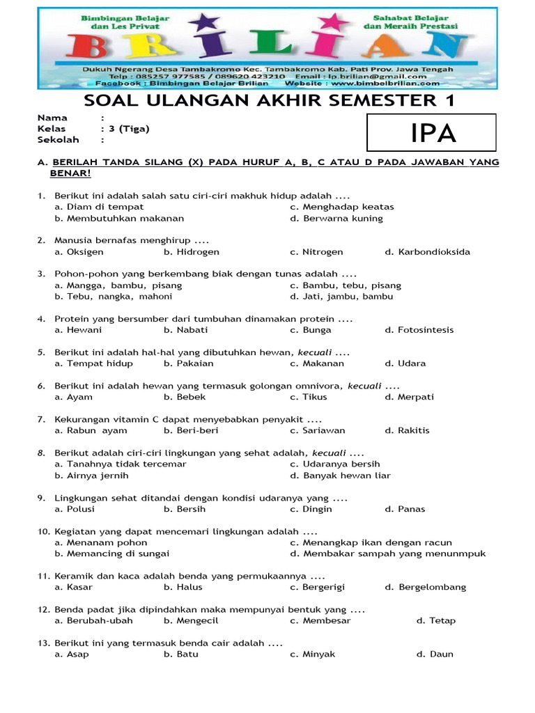 Wajib Tahu! Ini Bocoran Contoh Soal UAS Tema 3 Kelas 1 SD Semester 1 Terbaru